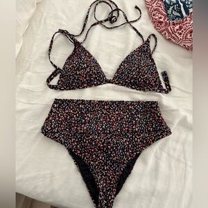 prAna bikini; triangle top; high rise cheeky bottom; black multicolor; sz S